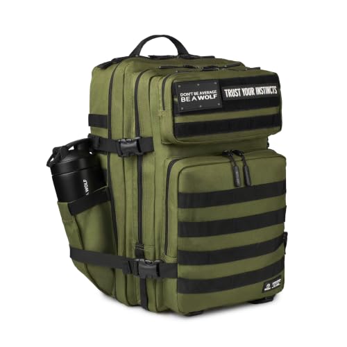 WOLFpak 45L Athletic Gym Backpack - Durable 1000D Waterproof Oxford Material with MOLLE Webbing, Laptop Pocket - color: Athletic Green (Black Molle)