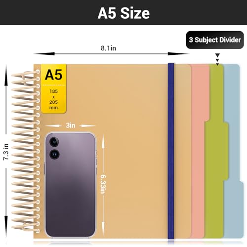 EUSOAR Spiral Notebook, 1 Pack A5 7.3" x 8.1" College Ruled Notebook with Dividers, Hardcover Cute Notebook 240 Pages 90gsm Thick Paper with Pocket for Math, Science and Engineering Students-Yellow - color: Yellow, style: A5 Lined