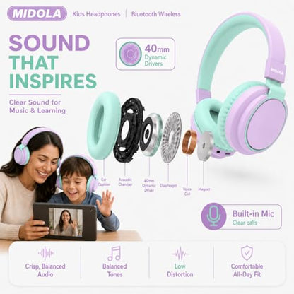 MIDOLA Kids Bluetooth Headphones 68H Play Time,Volume Limit 85/94dB, Foldable Lightweight Wireless Over-Ear Headphone for Toddler Kid Child,Headsets with Aux Built-in Mic Light Purple - color: Light Purple
