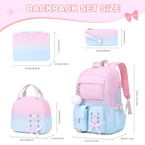 Scothen Backpack for Girls with Bento Lunch Box Set, School Bag Bookbag for Teens Girls Kids Student, 43oz Lunch Containers Lunchbox, Insulated Lunch Bag & Pencial Case, Back to School Gifts - color: Pink Blue