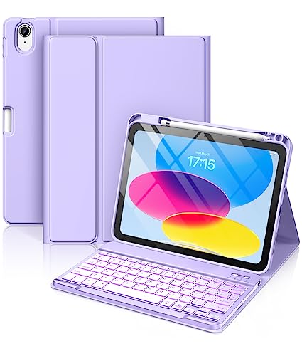 Hamile for iPad 11th 10th Generation Case with Keyboard - 7 Colors Backlit Wireless Detachable Folio Keyboard Cover with Pencil Holder for iPad 11-inch A16 2025 10th Gen 10.9 Inch 2022 (Purple) - color: Purple