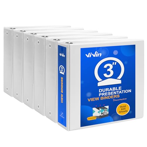 ViVin 3 Ring Binder 3 inch with Clear View Cover, Large 3"-Round Ring for Strength, Holds 600 Sheets of US Letter Size Paper, Office Home School, 6 Pack (White) - color: White, size: 3 Inch, style: 6 Pack