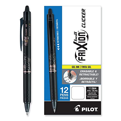 Pilot FriXion Clicker Erasable Gel Pens, Bold Point (1.0mm), Black Ink, 12-Pack - Refillable, Smooth Writing Pens for School, Journaling, and Office Use - size: 12 Count (Pack of 1)