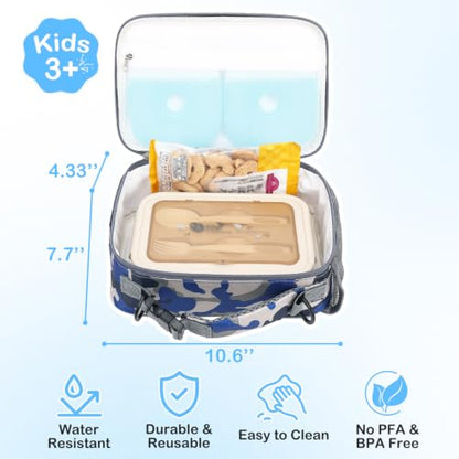 FlowFly Kids Lunch Bag, Durable Insulated School Lunch Box with Shoulder Strap and Bottle Holder, Water-resistant Thermal Small Lunch Cooler Tote for Teen Boys & Girls,Blue Camo - color: Blue Camo