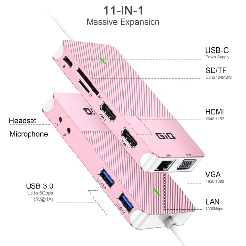 USB Docking Station GIQ USB C HUB USB 3.0 to Dual HDMI VGA Adapter Triple Display USB C Laptop Docking Station Dual Monitor HDMI Splitter Extender Compatible with MacBook M1 M2 M3 M4 M5 USB Dock - color: Pink