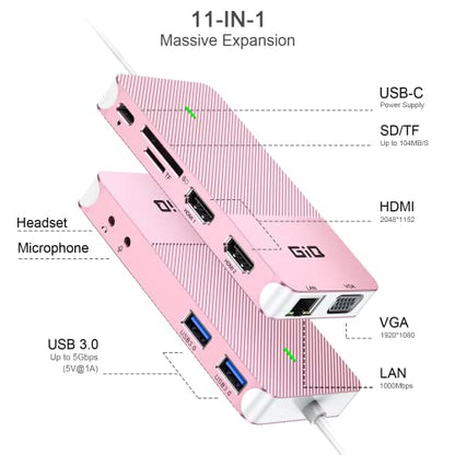 USB Docking Station GIQ USB C HUB USB 3.0 to Dual HDMI VGA Adapter Triple Display USB C Laptop Docking Station Dual Monitor HDMI Splitter Extender Compatible with MacBook M1 M2 M3 M4 M5 USB Dock - color: Pink