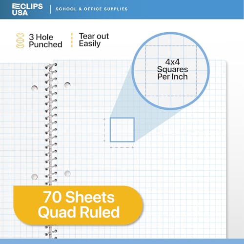 E-CLIPS USA Graph Paper Notebook Spiral Graph Paper Notebook Grid Notebook Quad Ruled Notebook 70 Sheets 140 Pages 8" x 10.5" 4x4 Square Per Inch (12 Pack) - size: 12 Pack