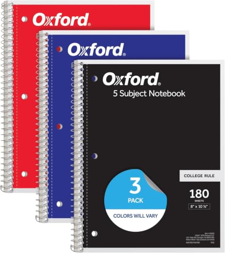 Oxford Spiral Notebook,5 Subject Writing Journal, 3-Hole Punch, College Ruled Paper, 4 Dividers, 8 x 10-1/2 Inch, Black, Red, Blue, 180 Sheets (65203)(Pack of 24) - size: Pack of 24