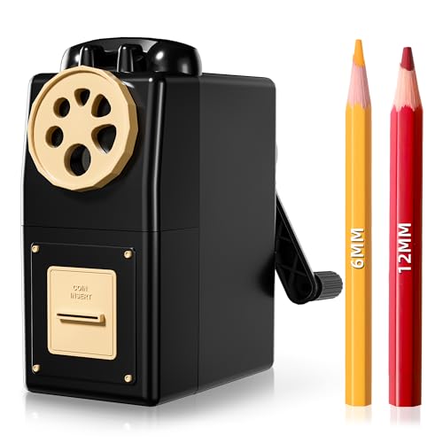 ZMOL Heavy Duty Manual Hand Crank Pencil Sharpener, Desktop, Black | For Colored Pencils, No Mounting Required, 5 Adjustable Modes, Durable Alloy Blade, Ideal for Classroom, Office & Artists - color: Black