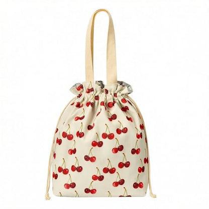 Solid Color & Fruit Print Lunch Bag, Insulated Leakproof Drawstring Pouch with 5mm Anti-Sag Base for Adult Work Commute Picnic (Cherry Fruit Print) - color: Cherry Fruit Print