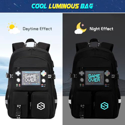 Scothen Boys Backpack, Cool Luminous School Backpacks for Boys with Lunch Bag Pencil Case, Kids Backpack Kindergarten Elementary Middle School Book Bags for Teen Boy Children with USB Charging Port - color: Black