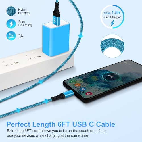 USB C Charger Cable Fast Charging 3 Pack 6ft for iPhone 17 16 15 Pro Max/15 Plus/15 Pro/15, 3.1A Braided Car Cord USB A to USB C Android Phone Power Cord for Samsung Galaxy S24 A54 A14 S23 Ultra S22