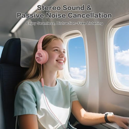 SIMOLIO Manyshare Series- Wired Headphones with Mic & Share Port, Volume Limited, Noise Isolating, Durable Plug in Headphones with Portable Pouch for Kids Girls, School, Travel, Laptop, Tablet (Pink) - color: Barbie Pink