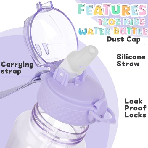 OLDLEY 12oz Kids Water Bottle, Tritan BPA-Free, Leakproof Flip Straw Lid, Motivational Time Marker, Carry Strap, Reusable Clear Water Bottle for Boys & Girls,Amethyst - color: Amethyst, style: 12 Ounces