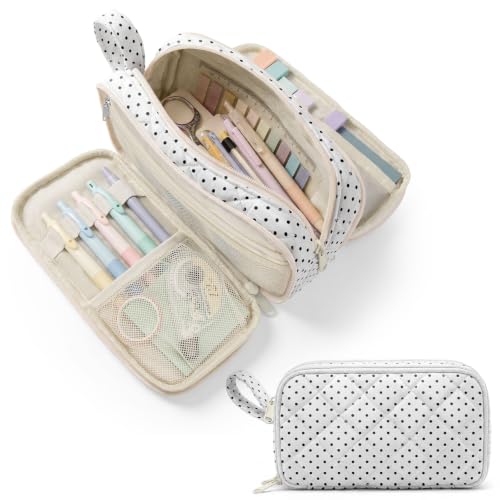 Shirabags Cute Quilted Pencil Case for Girls, 3 Compartment Organizer | Large Capacity Pencil Case,Soft Quilted Floral Design with 3 Zipper Compartments For School Office Travel (Polka Dot, M) - color: Polka Dot