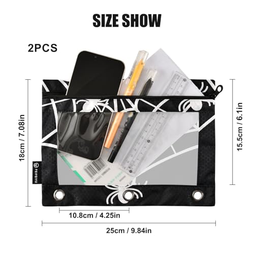 2 Pack 3 Ring Binder Pencil Pouch Spider Web Pencil Case Pencil Bags with Zipper, Clear PVC Binder Pockets for Office Daily Supplies - color: Color 9