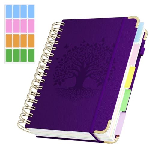QIYVLOS Hardcover Spiral Notebook, A5 Journal with Removable Dividers Tabs, 5 Subject Notebook College Ruled, 320 Pages 6"x8" Leather Notebooks for Work School Study, Lined Journal for Women, Purple - color: A5/Purple