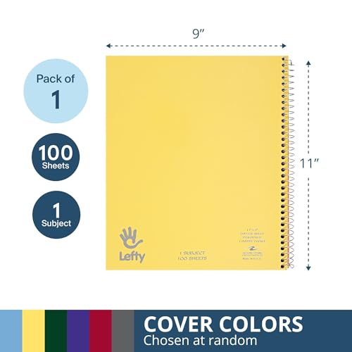 ROARING SPRING Lefty Spiral Notebook, Left-Handed One Subject Notebook, 11" x 9", 100 Sheets, College-Ruled, Perforated, Assorted Saranac Covers, Made in USA
