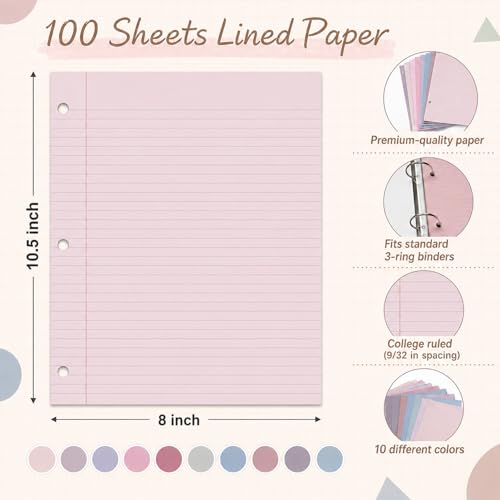 gisgfim 100 Sheets 3 Hole Punched Lined Refill Paper 8 x 10.5 Inch Loose Leaf Paper 3-Ring Binders College Ruled Notebooks Planner Inserts Thicken for Writing School Office Home Supplies(Taro) - color: Taro