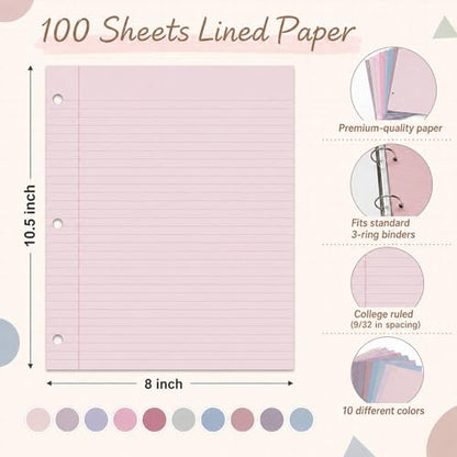 gisgfim 100 Sheets 3 Hole Punched Lined Refill Paper 8 x 10.5 Inch Loose Leaf Paper 3-Ring Binders College Ruled Notebooks Planner Inserts Thicken for Writing School Office Home Supplies(Taro) - color: Taro