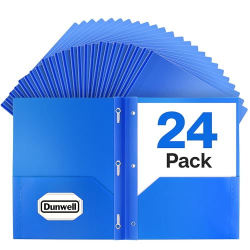 Dunwell Plastic Folders with 3 Prongs, (24 Pack, Blue), 2-Pocket Folders with Fasteners, Durable Acid-Free Poly for Long Term Use, Labels Included - color: Blue, size: 24 Pack