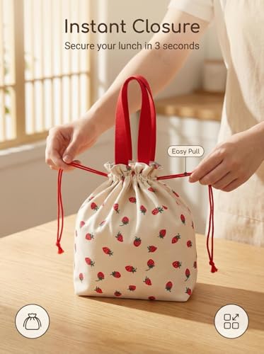 Solid Color & Fruit Print Lunch Bag, Insulated Leakproof Drawstring Pouch with 5mm Anti-Sag Base for Adult Work Commute Picnic (Strawberry Fruit Print) - color: Strawberry Fruit Print