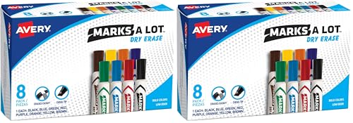 AVERY Marks A Lot Dry Erase Markers, Low Odor White Board Markers with Chisel Tip, 8 Assorted Colors (24411) (Pack of 2) - size: 1 Count (Pack of 2)