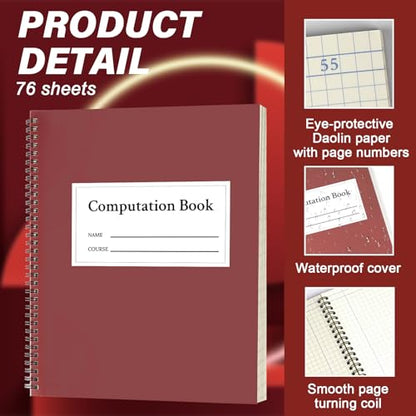 3 Pack Computation Notebook Spiral 4 X 4 Quad National Graph Paper 9 1/4" x 11 3/4" Math Composition Book Engineering Grid Notebook Red 76 sheets with Eye-ease Paper Waterproof Cover for Science