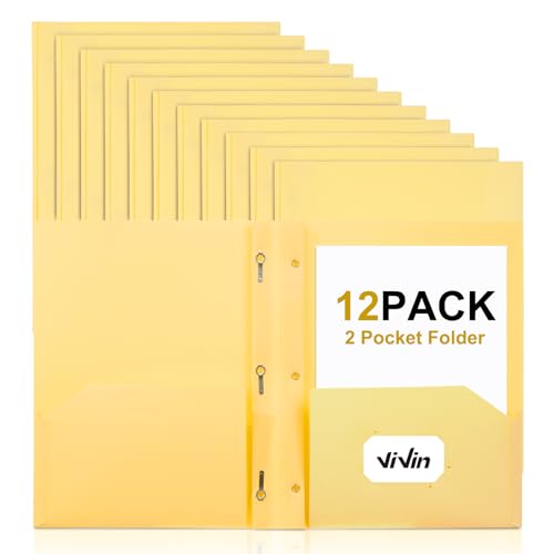 ViVin Sturdy Plastic Folder with Pockets,12 Pack,Heavy Duty Two Pocket 3 Prong Folders,Holds Letter Size Paper,File Folders with Business Card Slot for School Home and Office(Light Yellow) - color: Light Yellow, size: 12 PACK