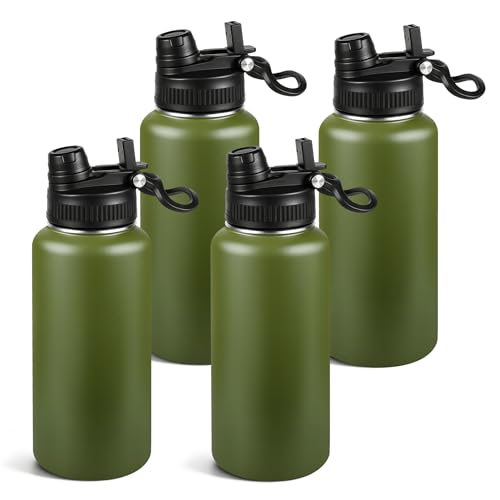 32oz Insulated Stainless Steel Water Bottle Bulk 2-in-1 Leak-Proof Sip & Straw Lid with Handle, Double Wall Vacuum Insulated Travel Mug for Sports, Commute, Office, Army Green, 4 Pack - color: Army Green, size: 32oz-4pack