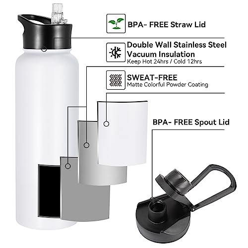 40 oz Insulated Water Bottle with Straw, Stainless Steel Sports Water Bottles with 2 Lids (Straw and Wide Mouth lid), Double Wall Vacuum, Leakproof, BPA-Free, White - color: White, size: 40 Ounces
