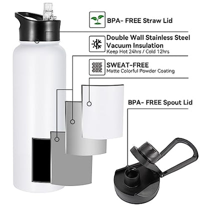 40 oz Insulated Water Bottle with Straw, Stainless Steel Sports Water Bottles with 2 Lids (Straw and Wide Mouth lid), Double Wall Vacuum, Leakproof, BPA-Free, White - color: White, size: 40 Ounces