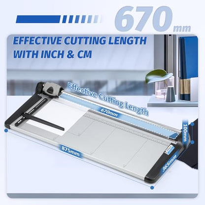 Rotary Paper Trimmer, 15 Sheets Heavy Duty Paper Trimmer, 670mm(26.37") Cutting Length, Commercial Grade Rotary Paper Cutter for Home/Office/School, Black & Silver - size: 26.37"