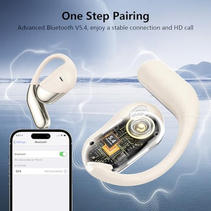 Open Ear Clip Wireless Earbuds Headphones, Bluetooth Built-in Mic, IPX7 Waterproof, LED Display Charging Case,Ear Hooks Ear Buds Ultra Comfort Design for Running/Walking/Cycling/Gym - color: Beige