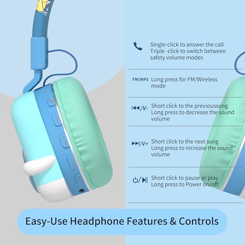 Icarer Kids Bluetooth Headphones with 85dB Volume Limiter, Bluetooth 5.4 & 20H Playtime, Ultra-Soft Foldable Over-Ear Headset with Mic, FM/TF/Wired Mode, Cute Animal Design for School Travel (Blue) - color: Blue