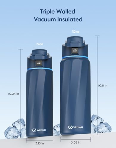 WaterH BOOST Smart Water Bottle Tracker with Reminder to Drink Water, 24oz | BPA-Free Double Wall Vacuum Insulated Stainless Steel, Leakproof, Smart App Tracking, Fits Cup Holders, Wide Mouth for School - color: Navy Blue, size: 24 Ounces