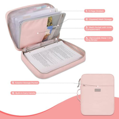 SKYDUE Zipper Binder with Handle, 1.5 Inch 3 Ring, Pink | 550-Sheet Capacity, 5-Tab Dividers Expanding File Folder with Pockets, Cute Organizer Storage for School Supplies - color: Pink