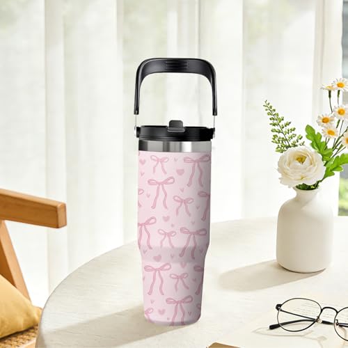 Pink Bow Tumbler 30oz with Handle – Stainless Steel Insulated Cup, Leakproof Water Bottle with Cute Bow Design for Women & Girls, Perfect Birthday Christmas Gift - color: Pink Bow, size: 30 Ounces