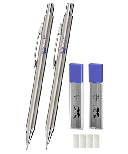 Mr. Pen- Metal Mechanical Pencil Set with Lead Refills & Erasers, 2 Pack | 0.5mm, 4x Tubes 2B Lead Refill, 4x Eraser Refills for School Supplies, Note Taking, Drawing, Sketching, Office - style: 0.5mm