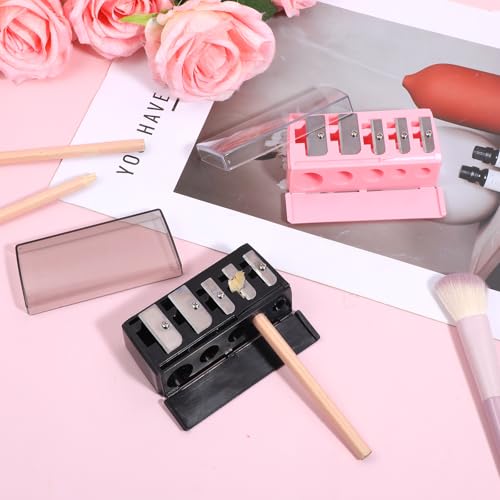2 Pack 5 Hole Cosmetic Long Point Pencil Sharpener Eye Pencil Sharpener Makeup Eyeliner Pencils Sharpeners with Plastic Lid Cosmetic Manual Tools for Eyeliner Eyebrow Lip Liner Pencils(Black, Pink)