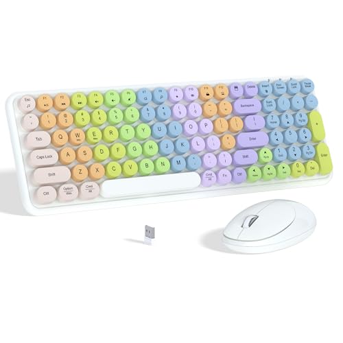 Links9+ Colorful Wireless Keyboard Mouse Combo, Gradient Rainbow Colors 100 Keys and 2.4GHz Optical Mouse Connection for Windows, Mac, Laptop, PC, Desktop (White Colorful) - color: White Colorful