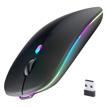Wireless Bluetooth Mouse, Rechargeable, LED, Silent, Ultra-thin Design (Bluetooth 5.2 and 2.4GHz USB Receiver) | Portable Computer Mouse for Laptops, iPads, MacBooks and Apple Devices (Black) - color: Black