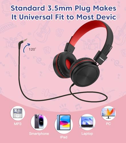 Cowyawn Kids Headphones, Toddler Headphone with Safe Volume Limiter 94dB, Wired School Headphones for Kid, 3.5mm Adjustable On-Ear Headphone for Boys/Girls/Children/Teens/iPad/Computer, Red Black - color: Red Black