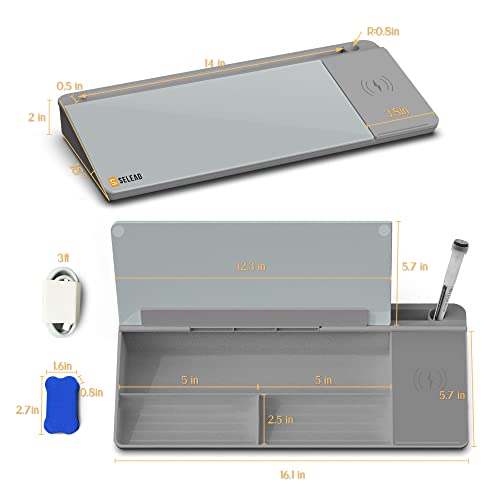 SELEAD Desktop Glass Whiteboard with Wireless Charger Station, Dry Erase White Board Computer Pad Keyboard Stand with Organizer for Home, School, Office Desk Accessories, Gray - color: Grey-wireless Charger