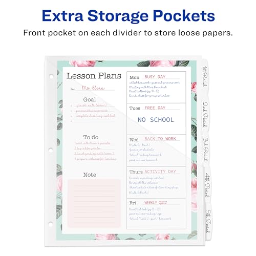 Avery Durable Plastic 5 Tab Write & Erase Dividers for 3 Ring Binders, Slash Pocket, Translucent White, Works with Sheet Protectors, 1 Set (16825)