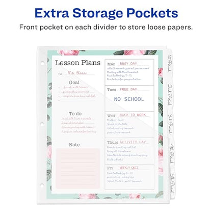 Avery Durable Plastic 5 Tab Write & Erase Dividers for 3 Ring Binders, Slash Pocket, Translucent White, Works with Sheet Protectors, 1 Set (16825)