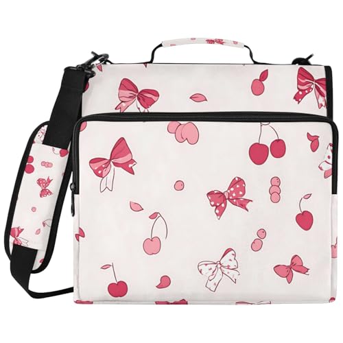 Bows and Cherries Zipper Binder Bag 3 Ring Binder with Shoulder Strap Zip Multi Pockets Portfolio Bags Capacity Up 500 Sheets for School Office Supplies - color: Bows and Cherries