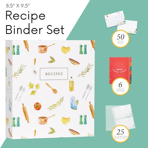 Jot & Mark 8.5" x 9.5" 3 Ring Recipe Binder with 50 Matching 4x6 inch Recipe Cards, 25 Top & Bottom Binder Sleeve Sheet Protector, 5 Full-Page Undivided Sleeves, 6 Sturdy Divider Tabs, Kitchen Toolkit | 50 Recipe Cards + 25 Sleeve Protectors + 5 Full-Page