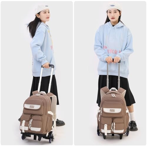 Kids Rolling Backpack for Girls, Boys Roller Backpack with Wheels, Solid-color Trolley Bags Wheeled School Bookbag on 6 Wheels - Brown - color: 6 Wheels-brown