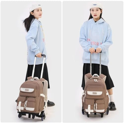 Kids Rolling Backpack for Girls, Boys Roller Backpack with Wheels, Solid-color Trolley Bags Wheeled School Bookbag on 6 Wheels - Brown - color: 6 Wheels-brown